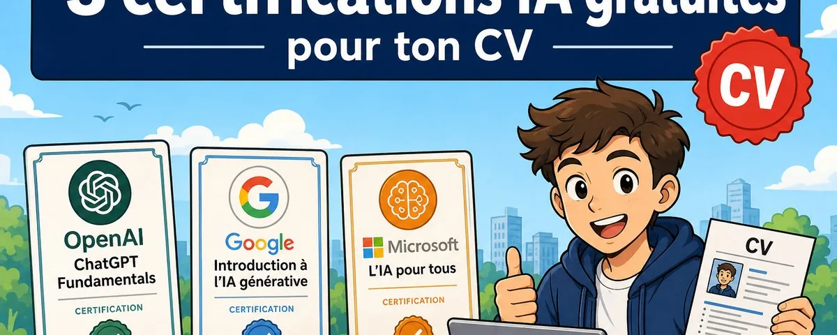 Illustration : 3 certifications IA gratuites à ajouter sur votre CV pour les débutan