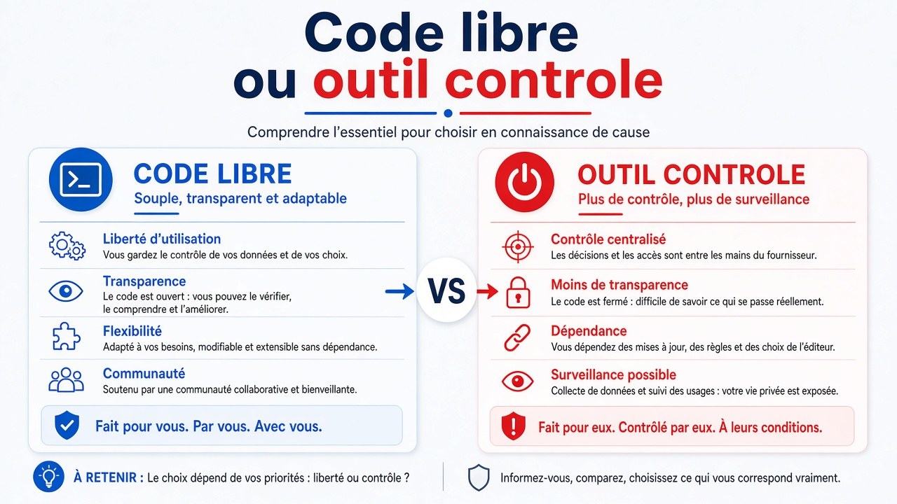 Illustration code libre versus outil contrôlé