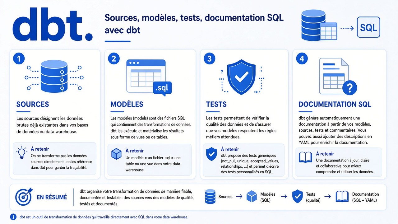 SQL versionné, tests, docs.