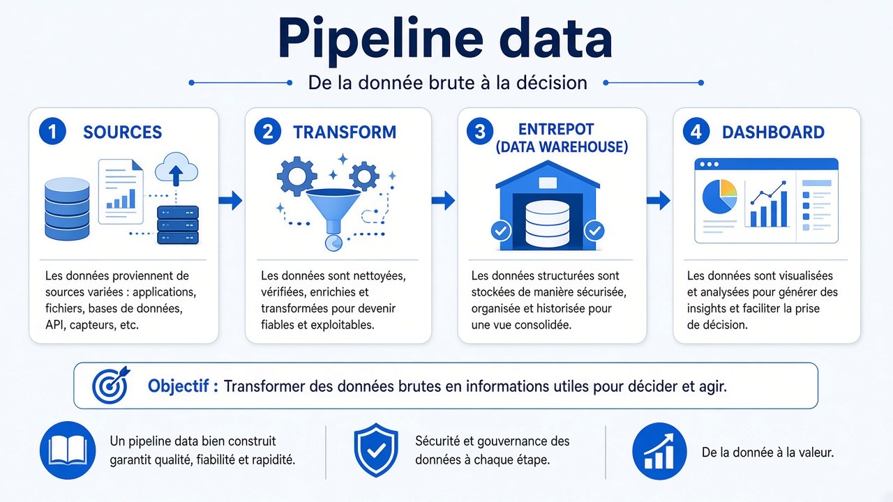 Sources, transform, entrepôt, consommation.