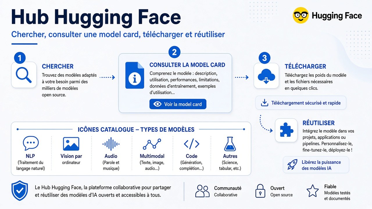 Chercher, lire la model card, télécharger.