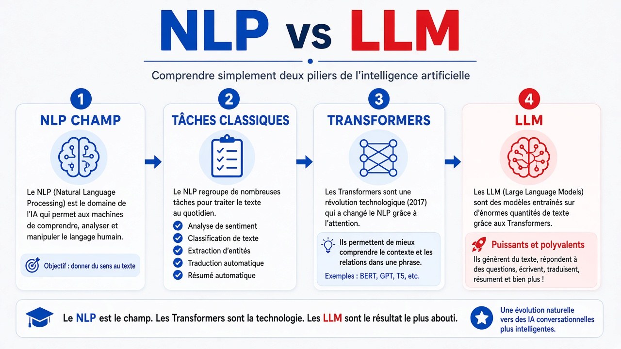 NLP, tâches, Transformers, LLM - en image.