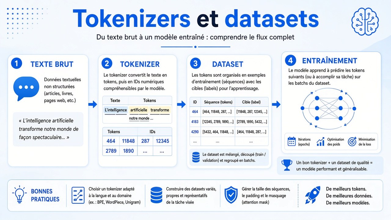 Texte, tokens, dataset, entraînement.